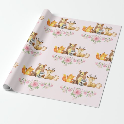 Chic Pink Floral Woodland Baby Shower 1st Birthday Wrapping Paper
