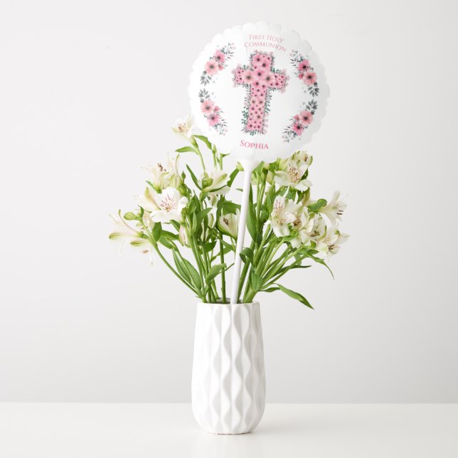 Chic Pink Flower Cross First Holy Communion Girl Balloon (Vase)