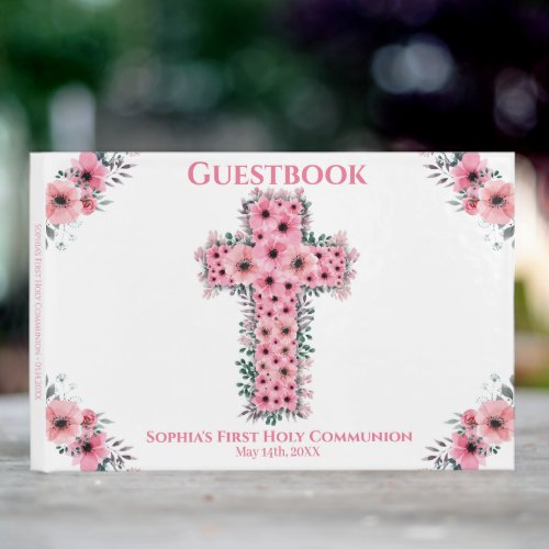 Chic Pink Flower Cross First Holy Communion Girl Guest Book