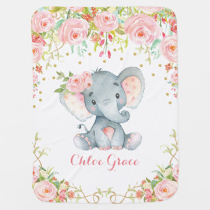 Chic Pink Flower Elephant Nursery Baby Blanket