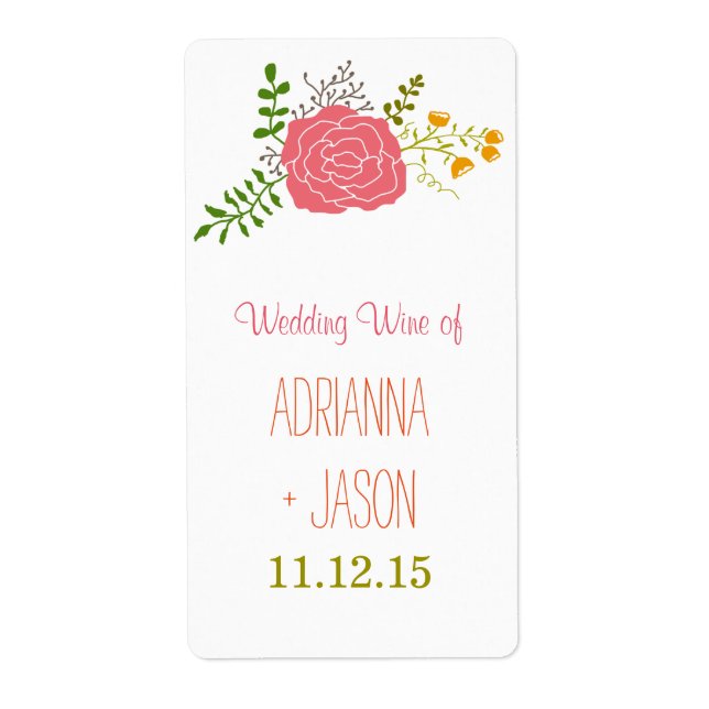 Chic Pink Flower Green Leaves Wedding Wine Label (Front)