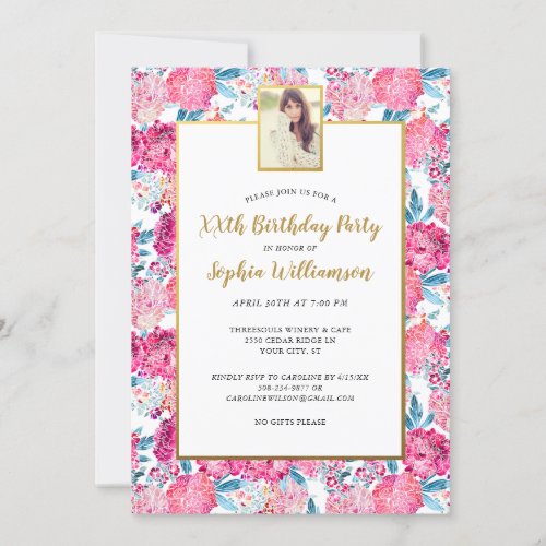 Chic Pink Flowers Any Age Add Photo Birthday Party Invitation