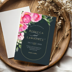 Chic pink flowers black wedding invitation