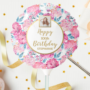 Chic Pink Flowers, Custom Photo, Happy Birthday Balloon