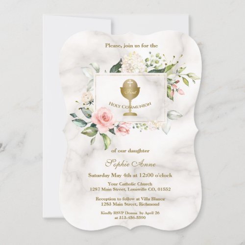Chic Pink Flowers Frame Girl Marble Holy Communion Invitation