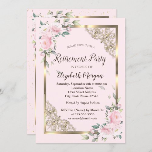Chic Pink Flowers Gold Frame Retirement Invitation