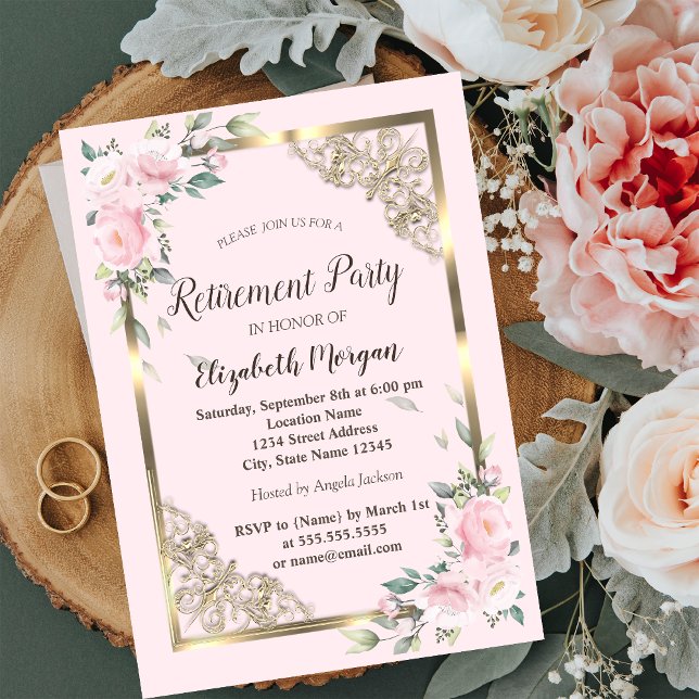 Chic Pink Flowers Gold Frame Retirement Invitation (Creator Uploaded)