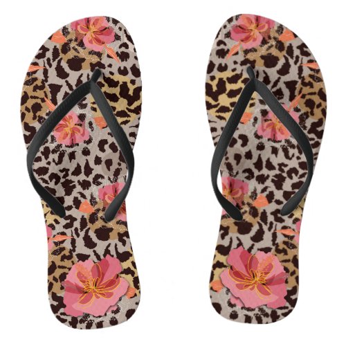 Chic Pink Flowers on Leopard Flip Flops