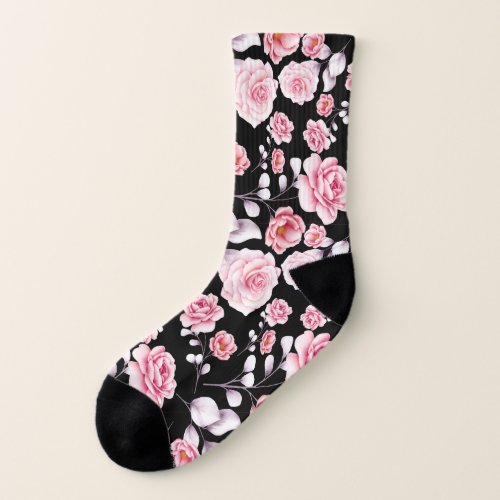 CHic Pink Flowers Pattern stylish Black Socks