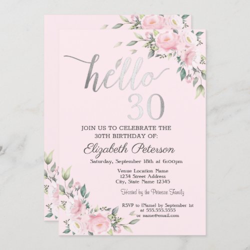 Chic Pink Flowers Silver 30th Birthday   Invitation