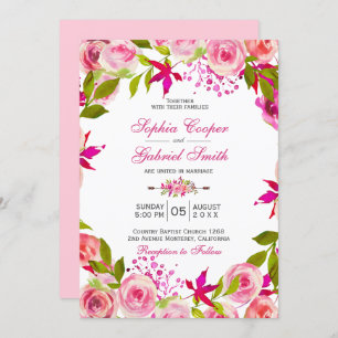 Chic Pink Fuchsia Rose Botanical Floral Wedding Invitation