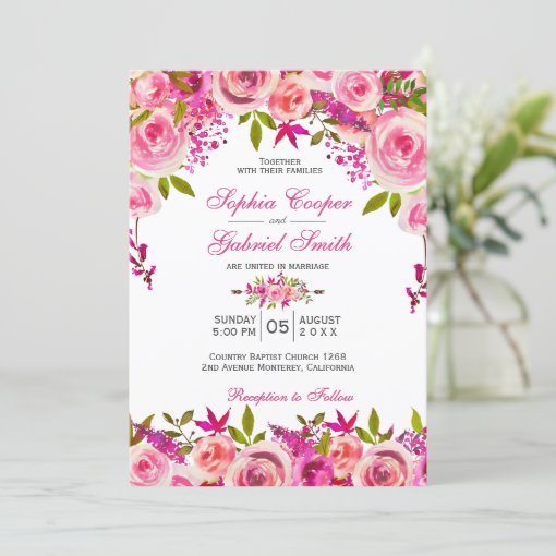 Chic Pink Fuchsia Rose Botanical Floral Wedding Invitation | Zazzle