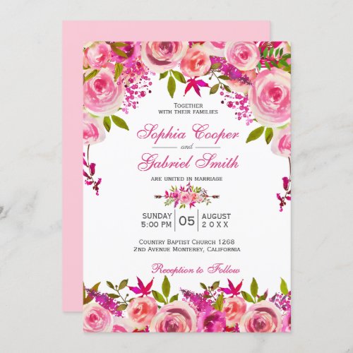 Chic Pink Fuchsia Rose Botanical Floral Wedding Invitation