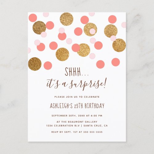 Chic Pink Funky Confetti Surprise Birthday Party Invitation Postcard