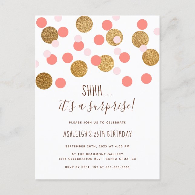 Chic Pink Funky Confetti Surprise Birthday Party Invitation Postcard (Front)