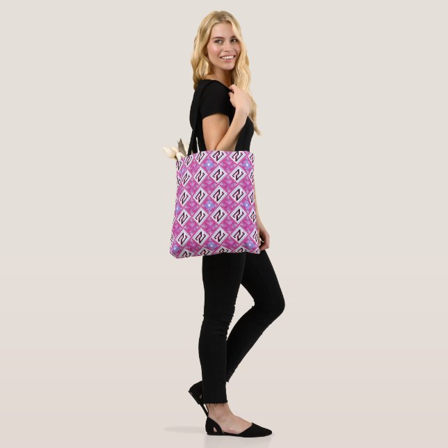 Chic Pink Geometric Alphabet N Initial Tote Bag (On Model)