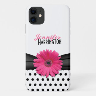 Chic Pink Gerbera Daisy Polka Dot iPhone 11 Case
