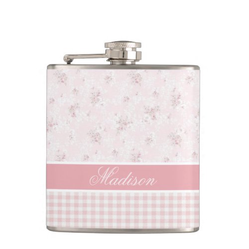 Chic Pink Gingham Check and Roses Monogrammed Flas Flask