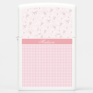Chic Pink Gingham Check and Roses Monogrammed Zippo Lighter