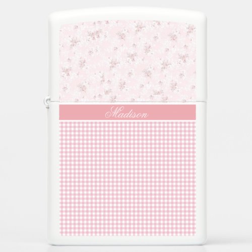 Chic Pink Gingham Check and Roses Monogrammed   Zippo Lighter
