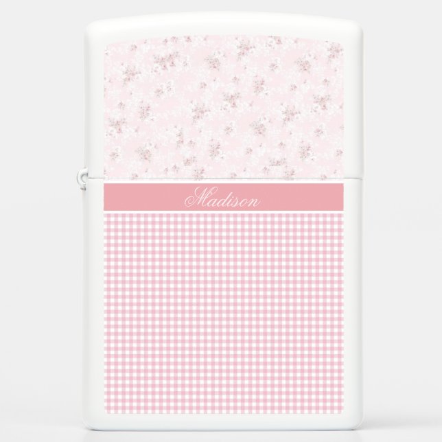 Chic Pink Gingham Check and Roses Monogrammed   Zippo Lighter (Front)