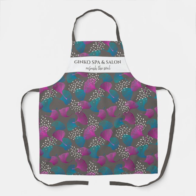 Chic Pink Ginkgo Leaf Print Custom Salon Spa Name Apron (Front)