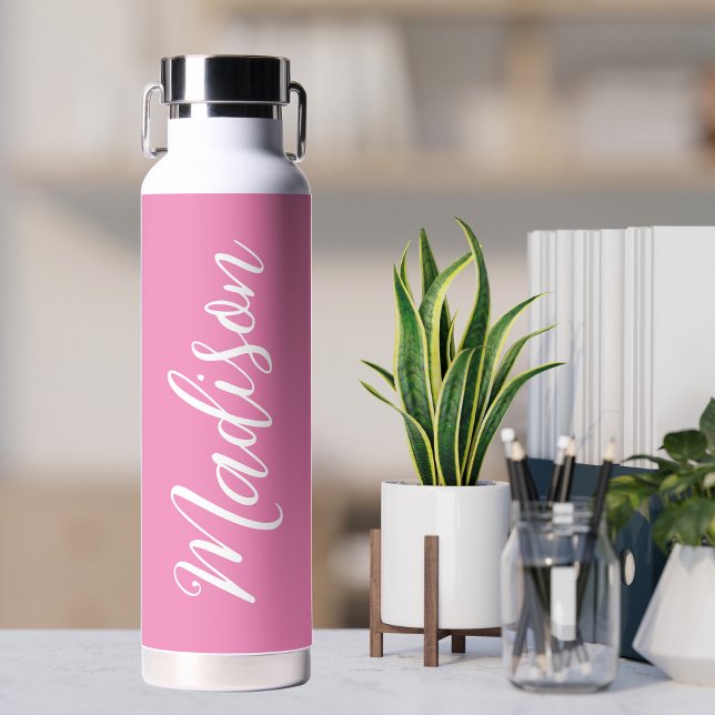 Chic Pink Girls Name White Script Personalized Water Bottle (Creator Uploaded)