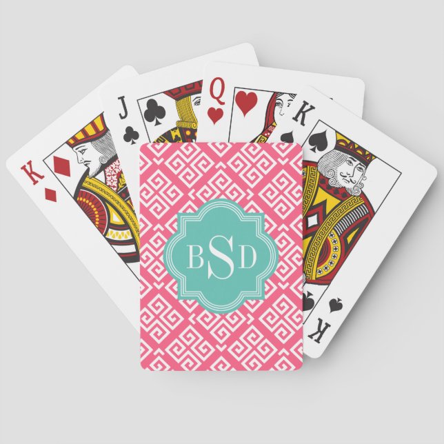 Chic pink girly greek key patterns monogram poker cards (Back)
