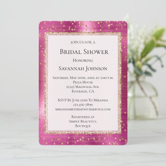 Chic Pink Glam Gold Sparkle Confetti Bridal Shower Invitation (Standing Front)