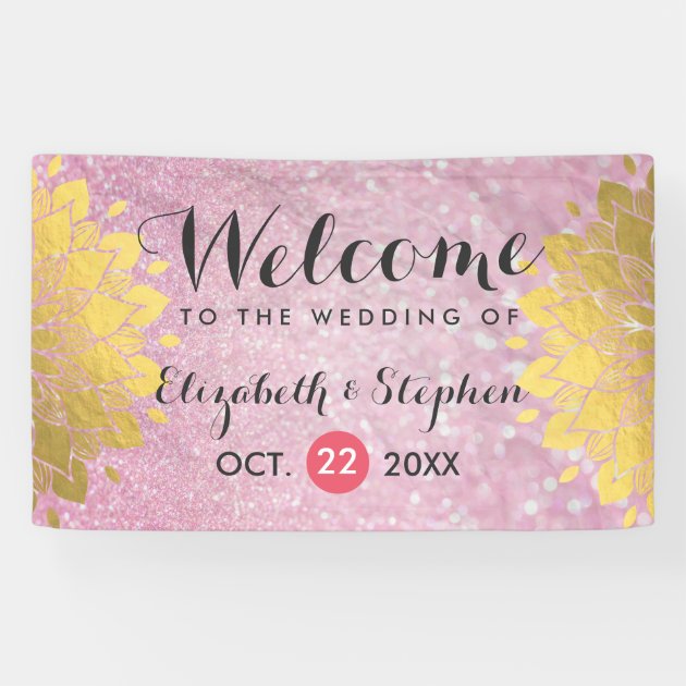 Chic Pink Glitter And Gold Floral Wedding Banner