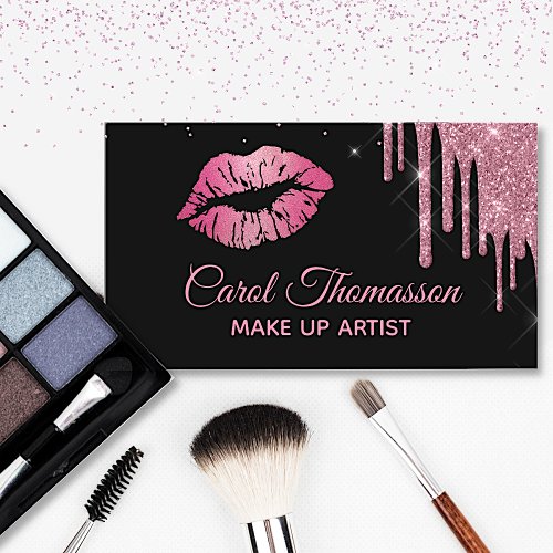 Chic Pink Glitter and Lips Business Card