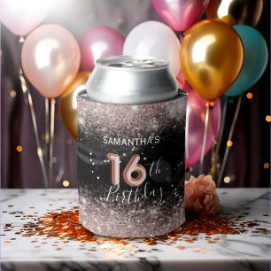 Chic Pink Glitter & Black 16th Birthday Can Cooler