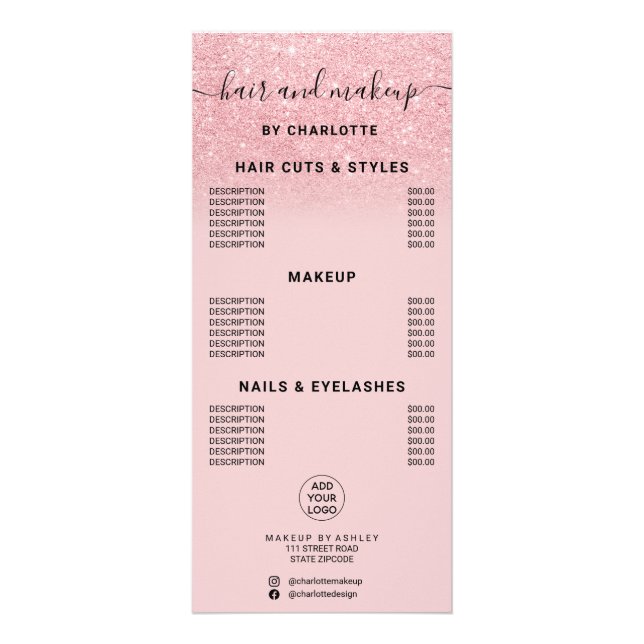 Chic pink glitter calligraphy hair makeup price rack card (Front)