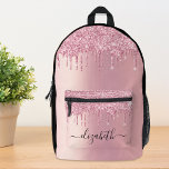 Chic Pink Glitter Custom Printed Backpack<br><div class="desc">Chic girly backpack featuring pink faux glitter drips and your name in a trendy script with swashes on the front pocket.</div>