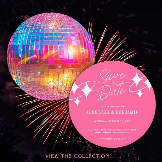 Chic Pink Glitter Disco Ball Wedding Save the Date Invitation (Creator Uploaded)