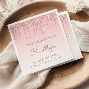 Chic Pink Glitter Drip Graduation Napkins