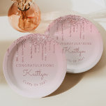 Chic Pink Glitter Drip Graduation Party Paper Plates<br><div class="desc">These chic,  elegant graduation party paper plates feature a sparkly pink faux glitter drip border and pink ombre background. Personalize them with the graduate's name in rose handwriting script,  with the word "Congratulations" above and the class year below in sans serif font. Ideal for high school or college graduation.</div>