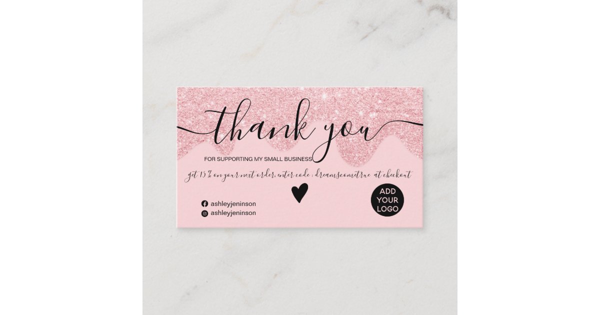 Chic pink glitter drips blush order thank you business card | Zazzle
