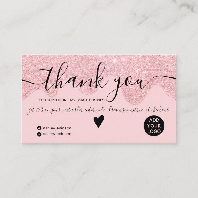 Chic pink glitter drips blush order thank you business card (Front)