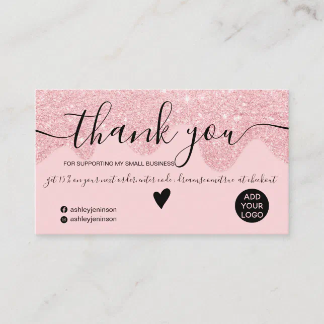 Chic pink glitter drips blush order thank you business card | Zazzle