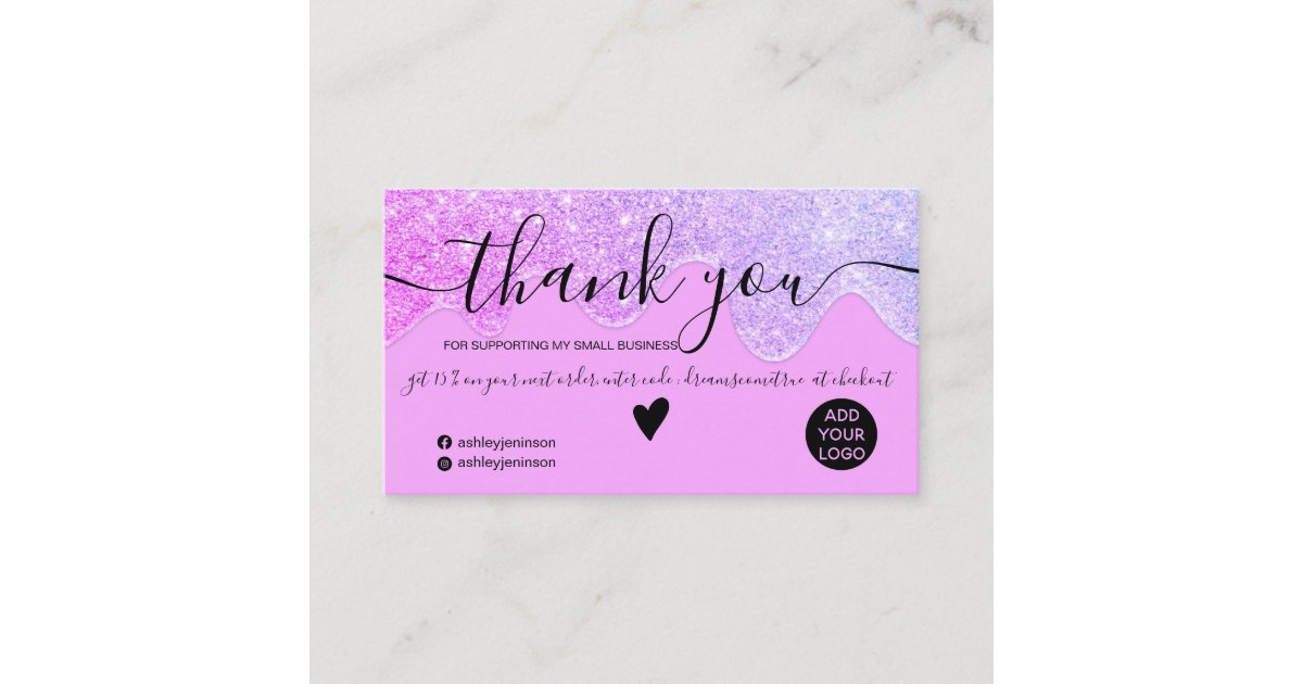 Chic pink glitter drips blush order thank you business card | Zazzle