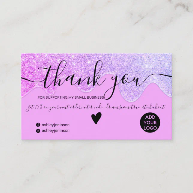 Chic pink glitter drips blush order thank you business card | Zazzle
