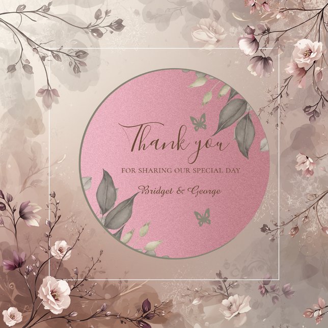 Chic Pink Glitter Foliage Wedding thank you Classic Round Sticker (Creator Uploaded)