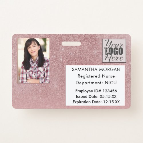 Chic Pink Glitter Gradient Photo Logo Employee ID  Badge