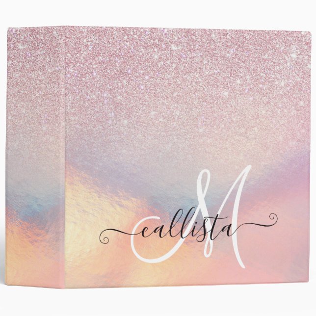 Chic Pink Glitter Iridescent Holographic Gradient 3 Ring Binder (Front/Spine)
