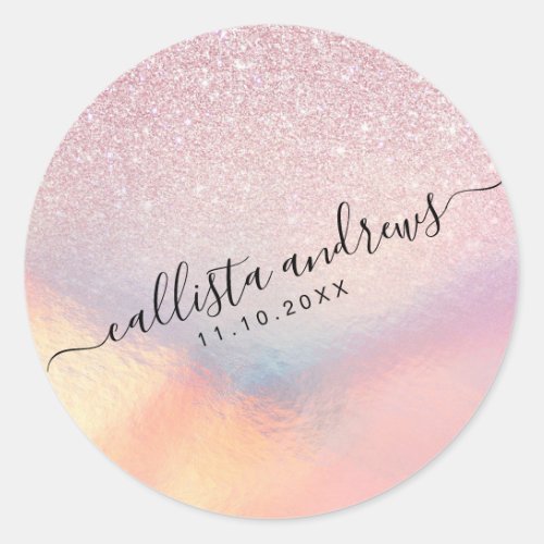 Chic Pink Glitter Iridescent Holographic Gradient Classic Round Sticker