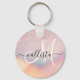 Chic Pink Glitter Iridescent Holographic Gradient Keychain