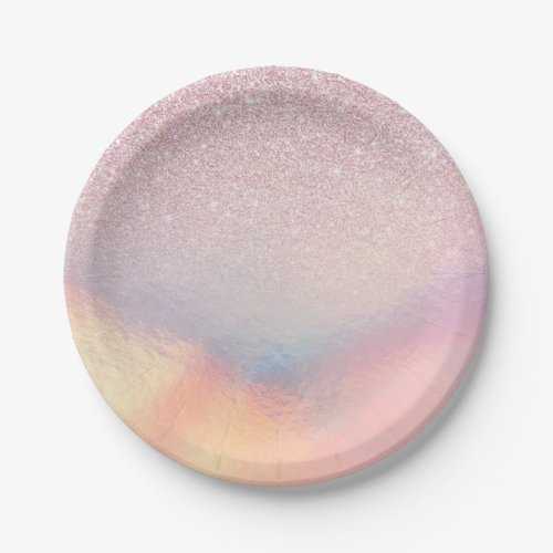 Chic Pink Glitter Iridescent Holographic Gradient Paper Plates