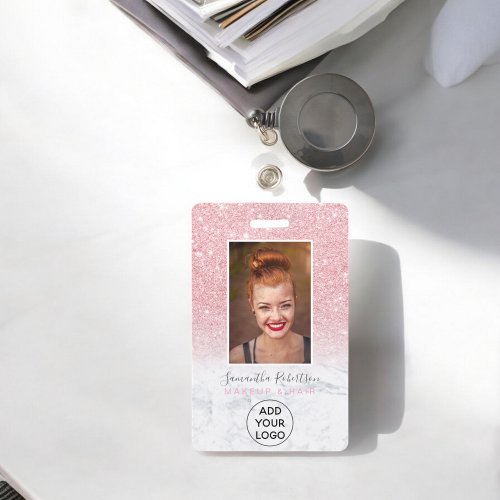 Chic pink glitter marble logo employee photo pass badge