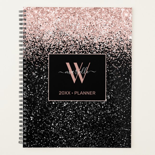 Chic Pink Glitter Monogram Name 2022 Planner (Front)